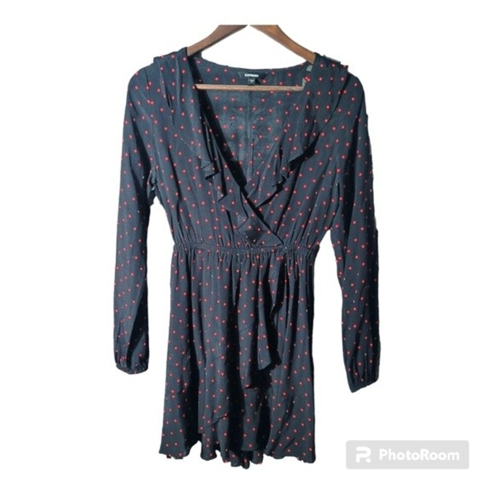 Express Polka Dot Ruffle Front Deep V Neck Mini Dress Longsleeve Womens Sz XS